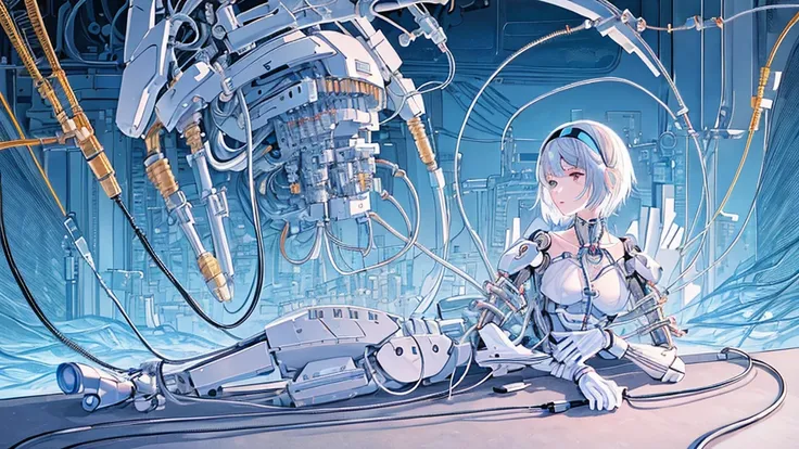 (((masterpiece))), (((Highest quality))), ((Very detailed)), (Highly detailed CG illustrations), ((Very delicate and beautiful)),(Cute and delicate face),Light,((1. Machine Girl)),alone,whole body,(Machine made joints:1.4),((Mechanical Limbs)),(Muscles bul...