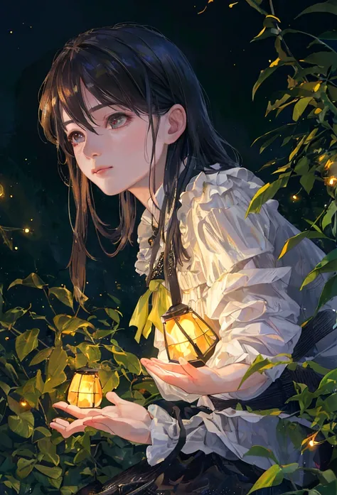 (8k, Highest quality, masterpiece: 1.2), (Realistic, photoRealistic: 1.37), Super detailed, One person, Wide viewing angles, Firefly Garden, There are lots of little faint lights and fireflies flying around, night