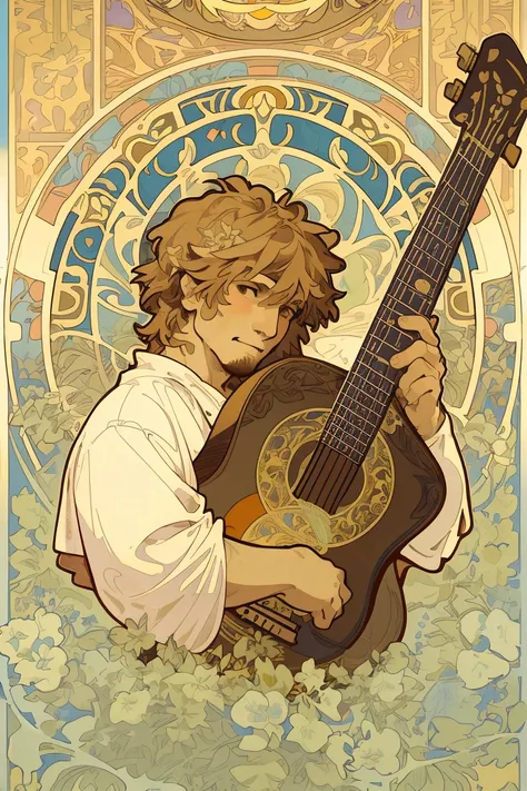 face portrait of a  European male , with electoric guitar, floral frame, Decorative panels, abstract
artistic, by Alphonse Mucha
(Masterpiece, Best Quality, Highres:1.4), Detailed, Intricate Details, 4K, color splashes, line art,   fibonacci,