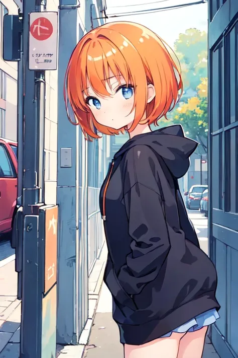 (best quality, masterpiece:1.2), illustrations, a cute girl, cute face, kawaii, early teens, very lovingly face, 16-year-old, early teens, short hair, orange hair, shiny hair, blue eyes, medium breasts, black hoodie, face focus,