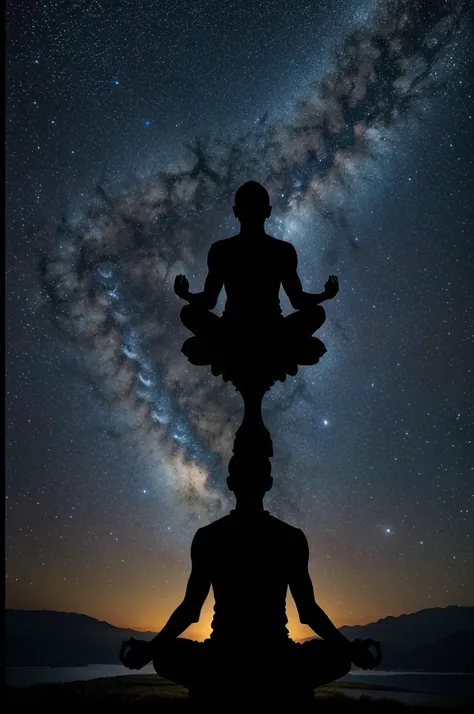 Create an image of an astronomer meditating. The scene is set in outer space. The astronomer is sitting cross-legged in a serene pose, with the vast cosmos as a backdrop. Behind the astronomer, there is a mystical tree. Surrounding this tree are all the He...