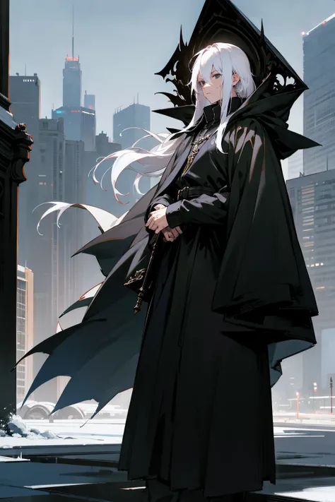 1male, white hair, black eyes, medium length hair, middle parted hair, serious expression, black cloak, dark clothing, city background, detailed background, hands to side, standing on path, night time