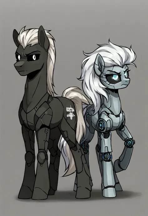 earth pony, white mane,light blue cybernetic eyes, cybernetic body,black sclera ,black body color  long mane ,pony standing next...