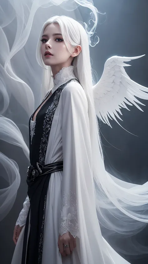 White Hair,Hairstyle is long straight,White eyelashes,White Eyes,Black clothes,Wrapping smoke around the body,Dark atmosphere,Fantasy,Realistic depiction of clothing,Highest quality,Delicate depiction,haze,Grey World,Blank look,Shining Heavenly Wheel,Angel...