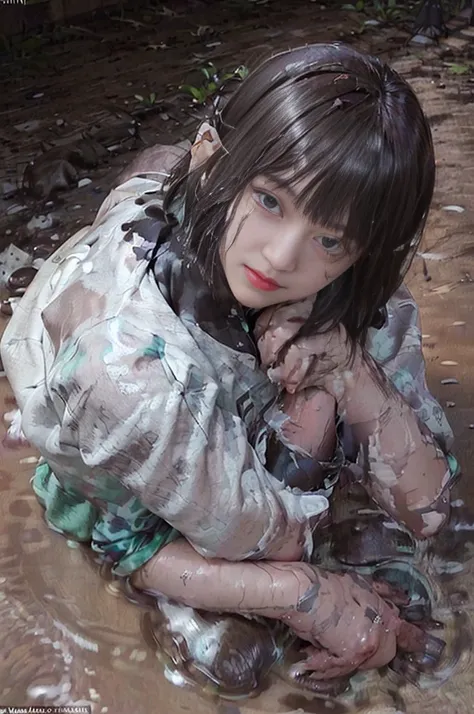 realisitic、top-quality、crisp photos、((Brick underground tunnel、Foul-smelling sewer、Littered with filth、Sewage channels full of feces、a lot of garbage and junk、The dirtiest sewer))、Bricks are covered with moss、((beautiful a girl、Constricted waist、Neat face、...