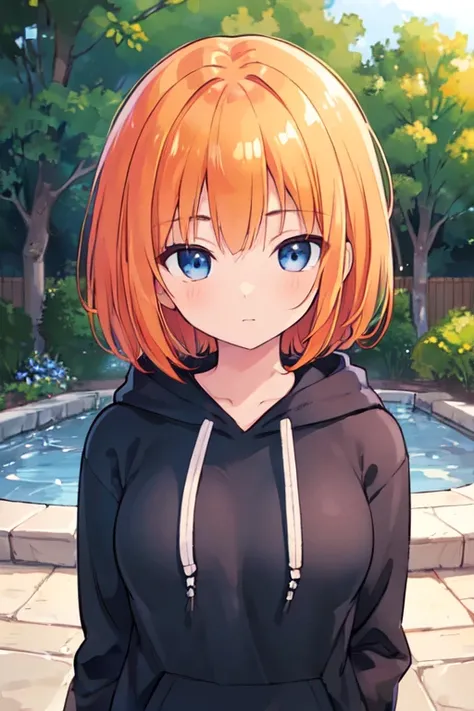 (best quality, masterpiece:1.2), ultra detailed, extremely detailed eyes and face, natural skin texture, detailed skin, natural lighting, 16-year-old, early teens, short hair, straight hair, orange hair, shiny hair, blue eyes, medium breasts, black hoodie,...