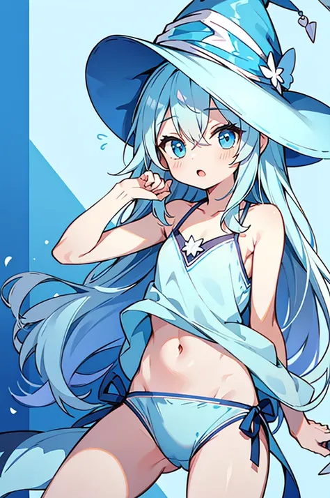 hyper cute shota,light blue witch hat,light blue loose long hair,
tank-top-bikini,