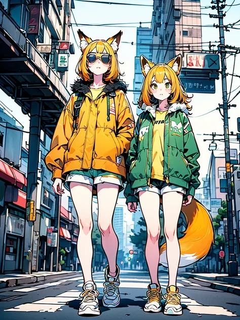 skinny fox girl, (yellow sunglasses, green jacket, black shorts, yellow sneakers, orange hair, fox tail), city background, ((det...