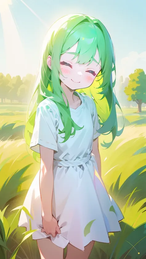 ((1loli girl,4 years old)),((small body)),little white dress,green hair,long hair,closed eyes,loli,solo,cute,happy face,smile,bl...