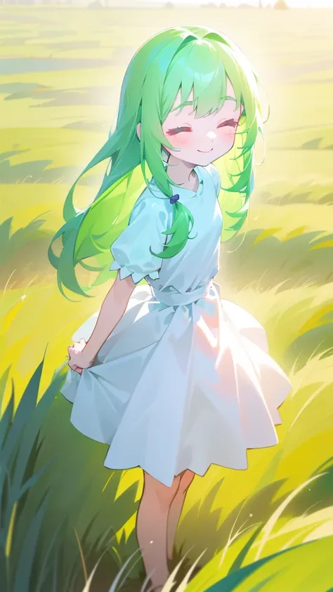 ((1loli girl,4 years old)),((small body)),little white dress,green hair,long hair,closed eyes,loli,solo,cute,happy face,smile,bl...