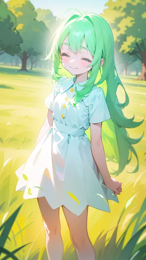 ((1loli girl,4 years old)),((small body)),little white dress,green hair,long hair,closed eyes,loli,solo,cute,happy face,smile,bl...