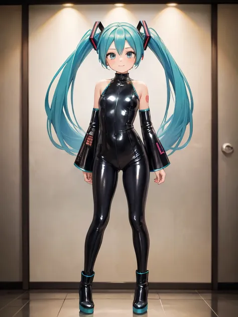 ((top quality)), ((masterpiece)), ((best quality:1.2,)), ((hatsune miku)), (shiny latex full body suit), ((shiny latex boots, sh...