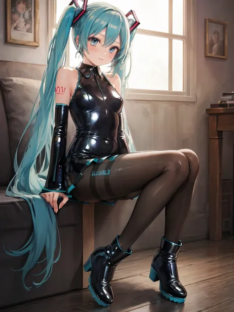 ((top quality)), ((masterpiece)), ((best quality:1.2,)), ((hatsune miku)), (shiny latex full body suit), ((shiny latex boots, sh...