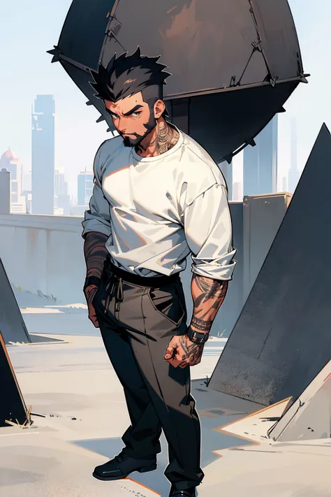 1male, tan skin, black hair, short spiked hair, black beard, full arm tattoos, baggy white shirt, blank pants, expressionless, city background, detailed background, standing on path, hands to side