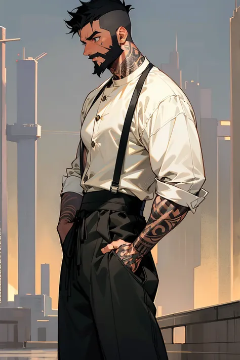 1male, tan skin, black hair, short spiked hair, black beard, full arm tattoos, baggy white shirt, blank pants, expressionless, c...