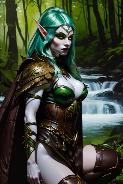 ((ultra realistic illustration:1.2)),(dark fantasy:1.4), in a mystical forest. beautiful elven archer. wild spiky(green hair), r...