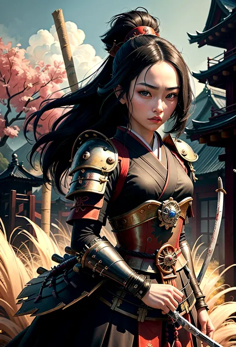 a picture of Japanese female samurai, she has long black hair, wearing samurai armor, armed with a katana, ready for battle, dynamic angle,, Japanese fantasy art, (Masterpiece: 1.5), 16k, highres, best quality, high details, ultra detailed, masterpiece, be...