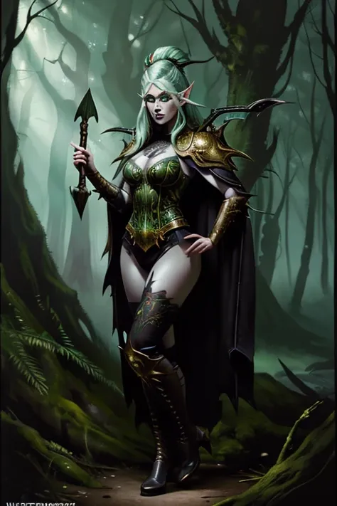 (full body:1.4),((ultra realistic illustration:1.2)),(dark fantasy:1.4), in a mystical forest. beautiful elven (archer). wild sp...