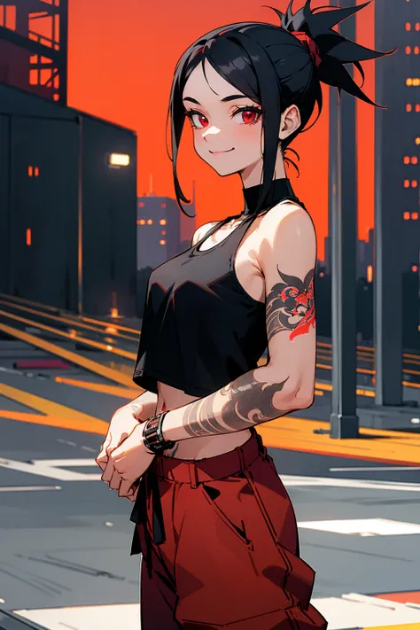 1female, black hair, spiked ponytail, red eyes, smiling, tattoos, black tanktop, red baggy pants, city background, detailed back...