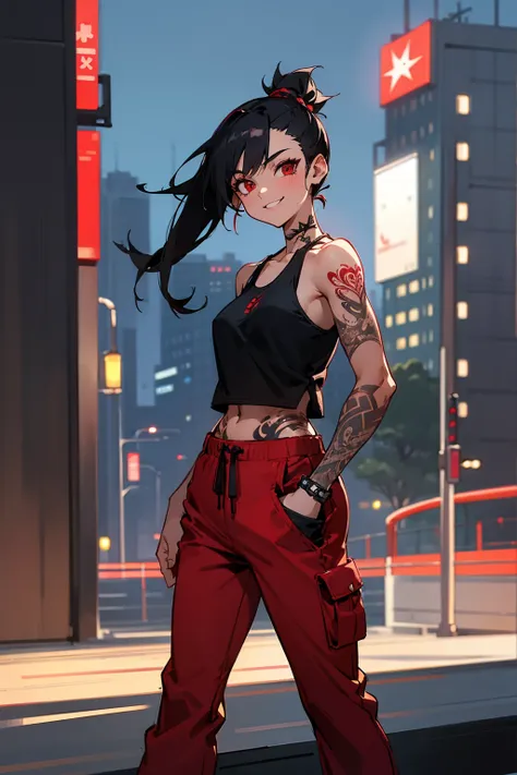 1female, black hair, spiked ponytail, red eyes, smiling, tattoos, black tanktop, red baggy pants, city background, detailed back...