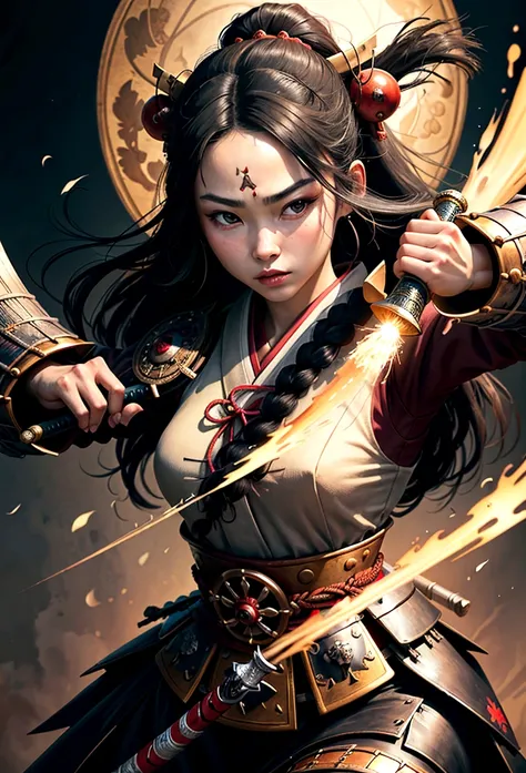 a picture of Japanese female samurai, she has long black hair, wearing samurai armor, armed with a katana, ready for battle, dynamic angle,, Japanese fantasy art, (Masterpiece: 1.5), 16k, highres, best quality, high details, ultra detailed, masterpiece, be...