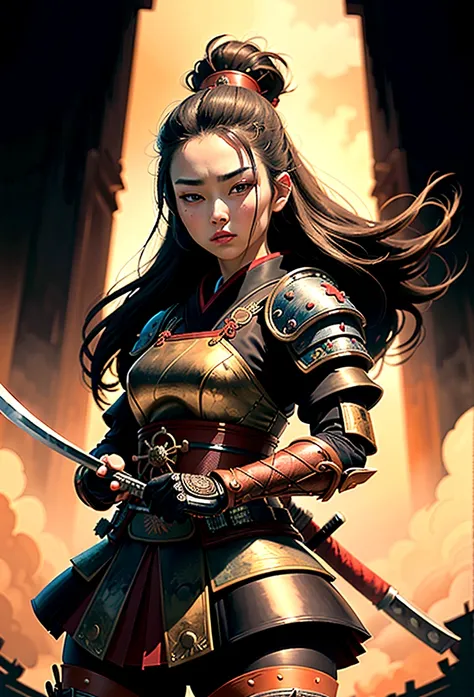 a picture of japanese female samurai, she has long black hair, wearing samurai armor, armed with a katana, ready for battle, dyn...