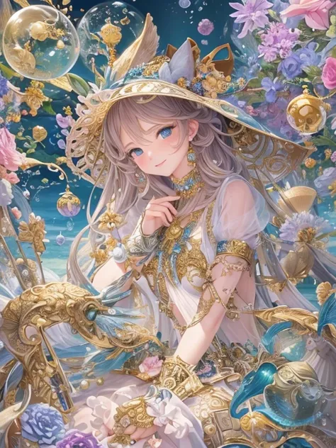 ((Highest quality)),(Ultra-high resolution),(Very detailed),(Detailed Description),((The best CG)),(masterpiece),Ultra-precise art,(Fantasy art with intricate detail:1.5), Shining World, A kind smile、Ocean, Very detailed, Dynamic English, Cowboy Shot, The ...