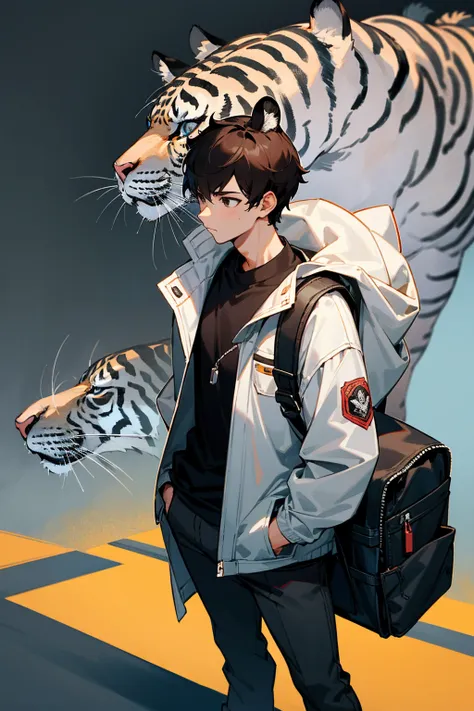 1male, dark hair, black eyes, nonchalant, white jacket, black shirt, baby tiger on shoulder, backpack, companion, city backgroun...