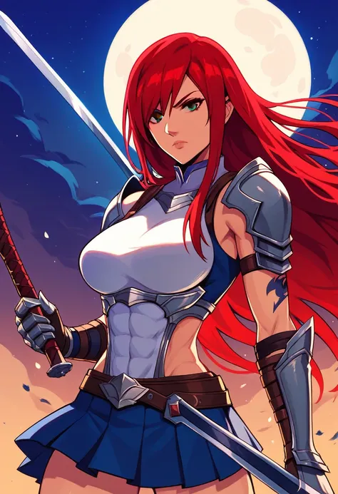 Erza, holding sword, serious, brown eyes, pauldrons,blue skirt, tattoo, gloves, breastplate, 1girl, gauntlets, belt,pleated skirt, holding weapon, red hair, shoulder armor, looking at viewer, night time, full moon, village, torches, ,masterpiece, best qual...