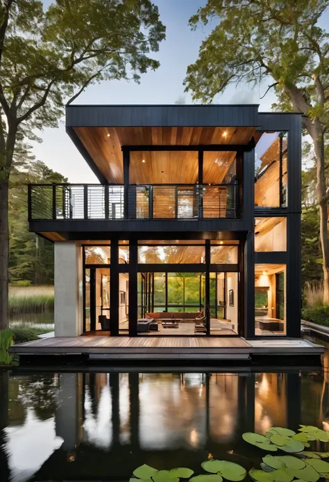 contemporary house with steel, wood and concrete structure, brise-brise style windows, deck overlooking a large duck pond