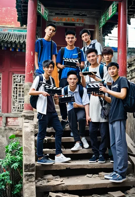 5 chinese college students，one with a clapperboard，one with a camera，one takes the recording，standing on a dilapidated staircase...