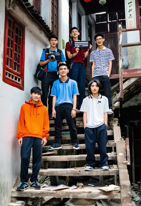 5 chinese college students，one with a clapperboard，one with a camera，one takes the recording，standing on a dilapidated staircase...