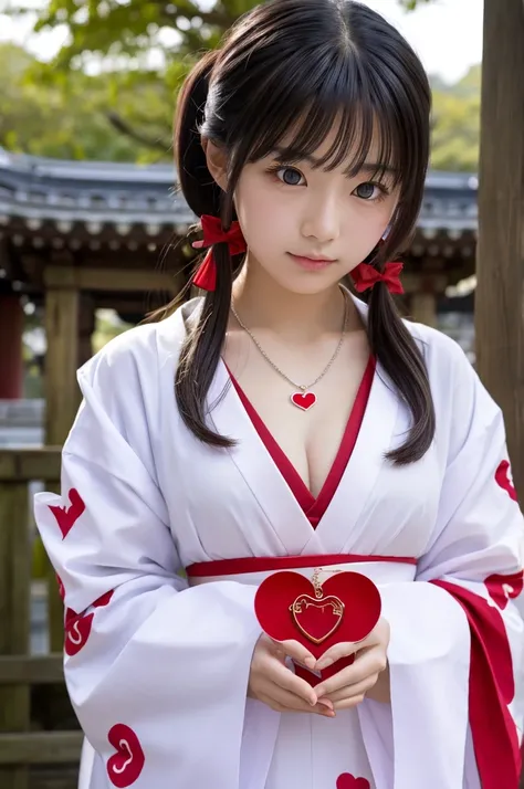 A shrine maiden wearing a heart necklace、Looking at this