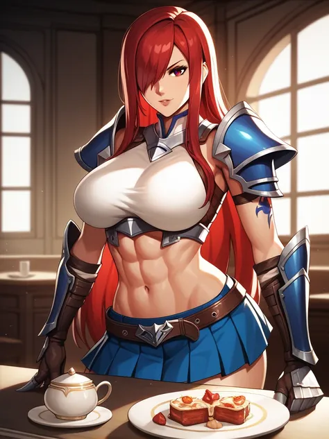 erza, brown eyes, pauldrons,blue skirt, tattoo, gloves, breastplate, 1girl, gauntlets, belt,pleated skirt, , red hair, shoulder ...