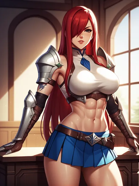 erza, brown eyes, pauldrons,blue skirt, tattoo, gloves, breastplate, 1girl, gauntlets, belt,pleated skirt, , red hair, shoulder ...