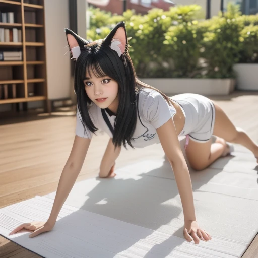 Taiwanese girl 18 years old with baby face and big breasts（（（a lot of，Big boobs，Beauty））arafed asian woman wearing white shirt and black shorts lying on yoga mat，charming cat girl，Very beautiful and cute cat girl，Beautiful young cat girl，Anime Girls Cospla...