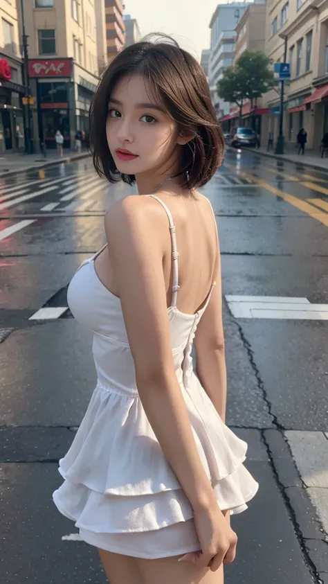 ((Best quality, 8k, Masterpiece: 1.3)), Contour: 1.2, Perfect body beauty: 1.4, Butt: 1.2, ((layered haircut, Round chest: 1.5, cleavage exposed) ), (Rain, Street: 1.3), Headband dress: 1.1, Highly detailed face and skin texture, Beautiful eyes, Double eye...