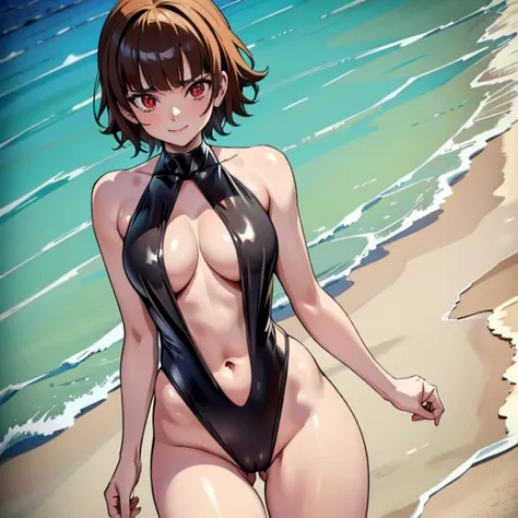 single, makoto, solo, one_woman, black_swimsuit_with_huge_center_hole, skintight, cleavage cut out, one_piece_swimsuit, short_hair, blunt_bangs, red_eyes, crownbraid, flat_belly, small_boobs, skinny, thin_legs_and_hips, gentle_smile, blushing, beach, beaut...