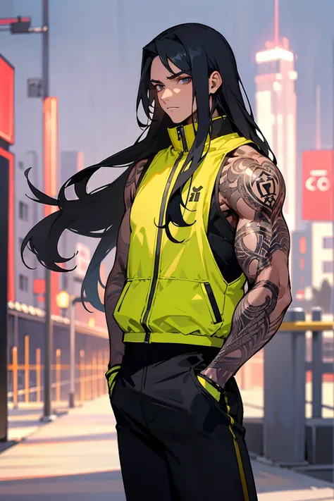 1male, black long hair, expressionless, sleeveless jacket, black pants, arm tattoos, city background, detailed background, hands...