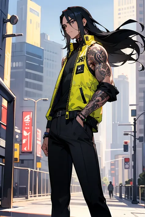 1male, black long hair, expressionless, sleeveless jacket, black pants, arm tattoos, city background, detailed background, hands...