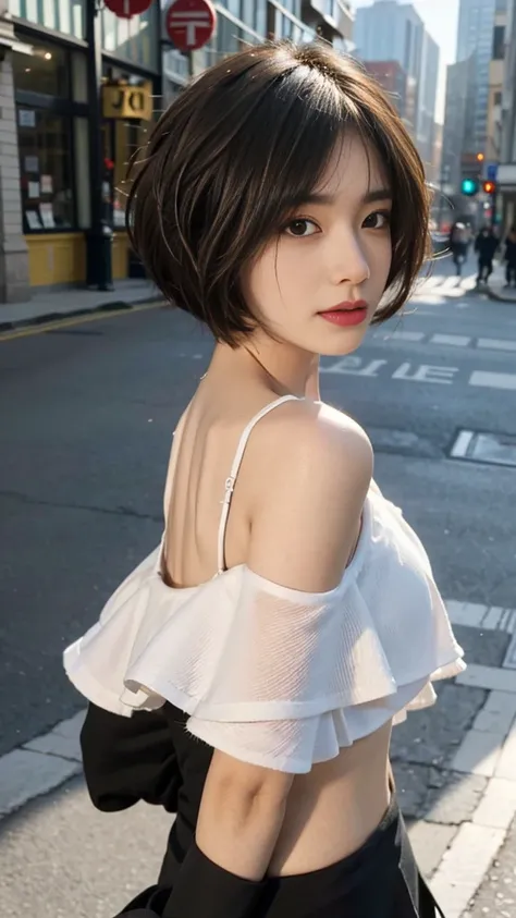 ((Best quality, 8k, Masterpiece: 1.3)), Contour: 1.2, Perfect body beauty: 1.4, Butt: 1.2, ((layered haircut, Round chest: 1.5) ), (sunny, Street: 1.3), black coat: 1.1, Highly detailed face and skin texture, Beautiful eyes, Double eyelids, White skin, Lon...