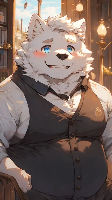 （masterpiece），（Very detailed），（best quality），hairy，Samoyed，white hair，Blue pupils，Smile（blush 1.1），（Black casual wear 1.2），8K，（（high quality））Pure white fur，Rainbow patterns on forehead and ears，It changes to different colors depending on your mood。Chubby ...