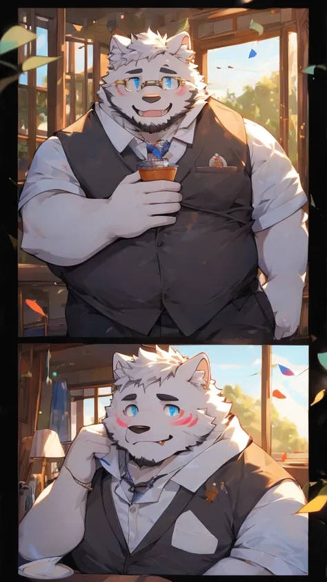 （masterpiece），（Very detailed），（best quality），hairy，Samoyed，white hair，Blue pupils，Smile（blush 1.1），（Black casual wear 1.2），8K，（（high quality））Pure white fur，Rainbow patterns on forehead and ears，It changes to different colors depending on your mood。Chubby ...