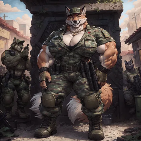 solo, 1girl, fox, female, broad shoulders, buff, muscular, huge breasts, gold eyes, highly detailed eyes, amazon, wearing camouf...