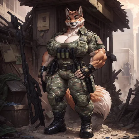 solo, 1girl, fox, female, broad shoulders, buff, muscular, huge breasts, gold eyes, highly detailed eyes, Amazon, wearing camouflage_uniform, (urban uniform:1.2), military camp, rolled sleeves, shirt, trousers, cleavage, standing upright, combat boots, ful...