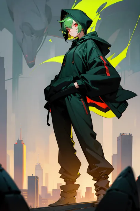 1female, short hair, green hair, black hoodie, hood on head, red eyes, baggy black pants, glowing eyes, city background, detailed background, hands to side, standing on path