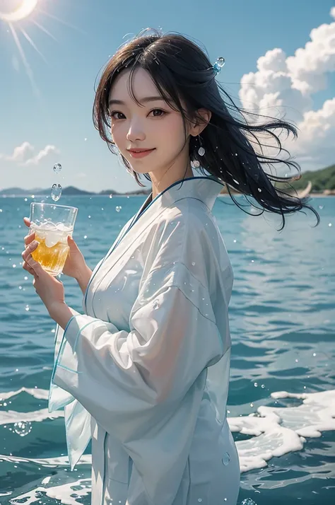 A beautiful woman in a kimono smiling while holding ice and clear, delicious-looking water in a transparent glass cup with water droplets under a sunny summer blue sky