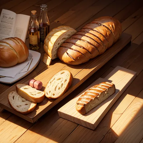 $15 Table, Pencil Sketch, Detailed wallpaper, wooden table surface, There is a half-finished bottle of wine on the table.。A bag of bread and some ham，Natural Lighting, Warm colors, high resolution, Sharp focus, delicate shading, Realistic textures, Complex...