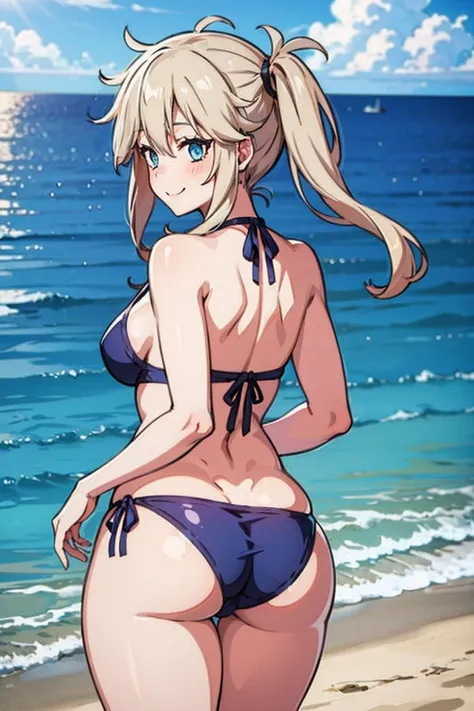 from behind,hip focus,kasukabe tsumugi,1girl,bikini,beach,sea,water,blush,smile,middium breasts,thick thighs