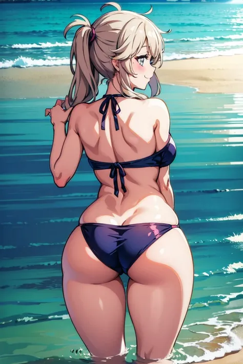 from behind,hip focus,kasukabe tsumugi,1girl,bikini,beach,sea,water,blush,smile,middium breasts,thick thighs